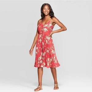 Red Pleated Midi Floral Dress